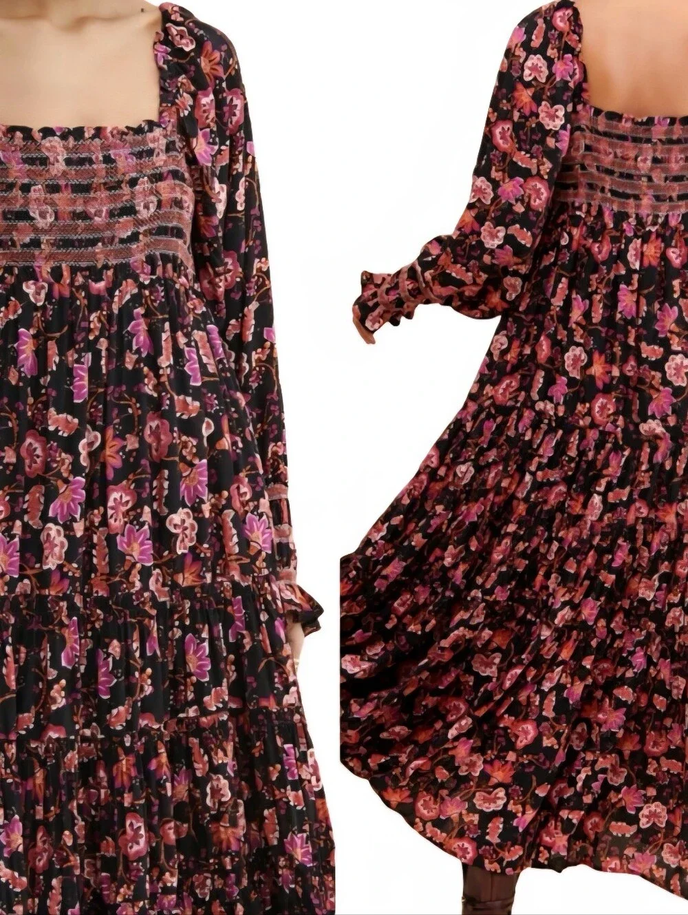 Free People Sweet Escape Smocked Flowy Prairie Maxie Dress Black Pink Floral XS
